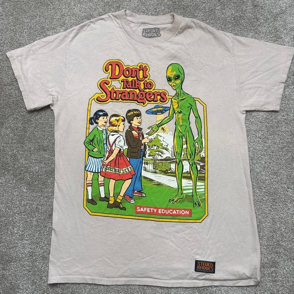 Don't Talk to Strangers Graphic T-Shirt Light Beige Medium Casual Tee